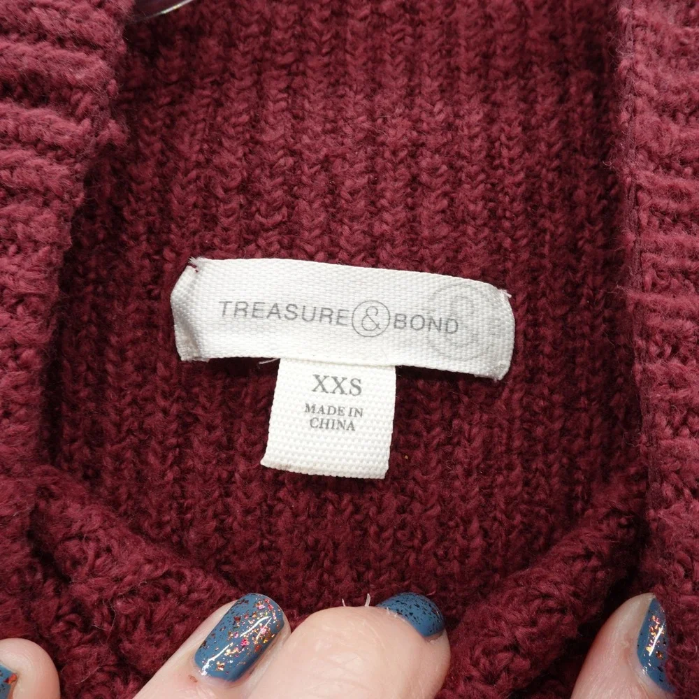 Treasure & Bond Womens Mock Neck‎ Shaker Sweater Burgundy XXS Relaxed NEW